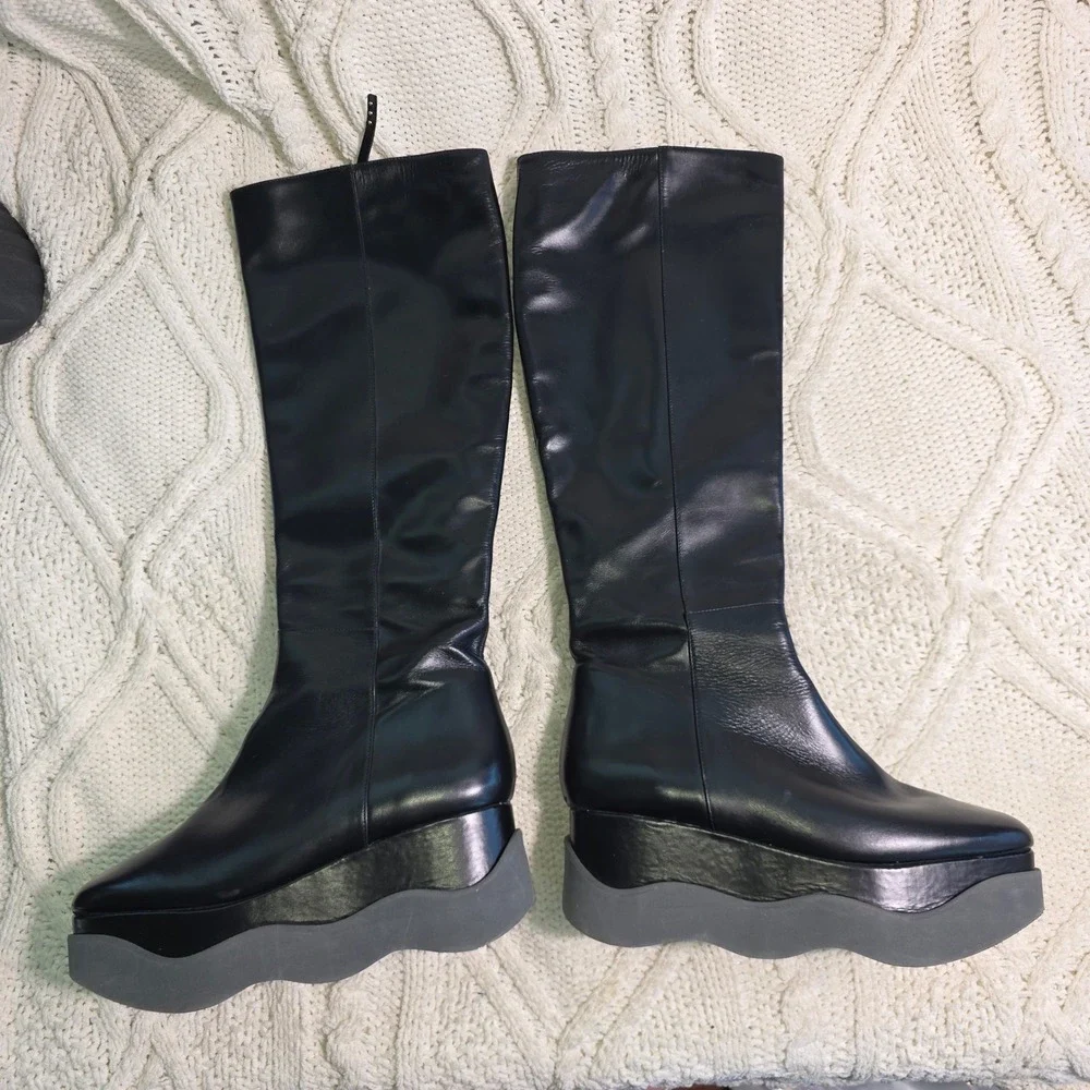 Paloma Barcelo 2 Platform‎ Wedge Knee High Boots Black Leather Womens 40 9-9.5
